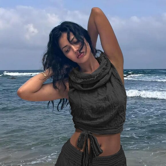 ⚡Women's Black Crop Tank Boho Open Back Cross Wrap Swim Cover Up Top - Picture 7 of 7